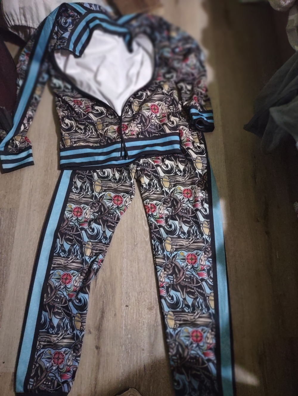 Floral Print Track Pants in Black with Light Blue Stripes